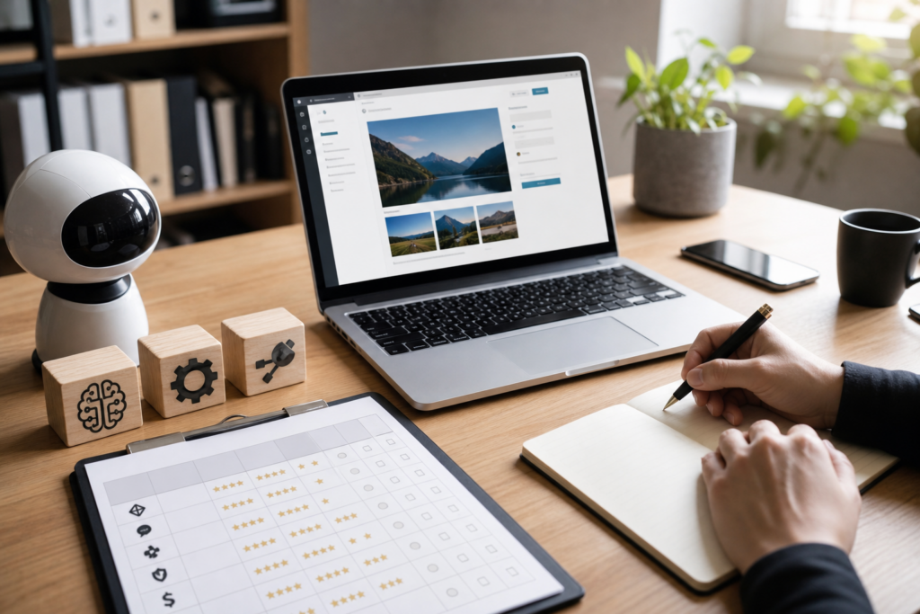 Comparing AI content writer tools for WordPress on a laptop