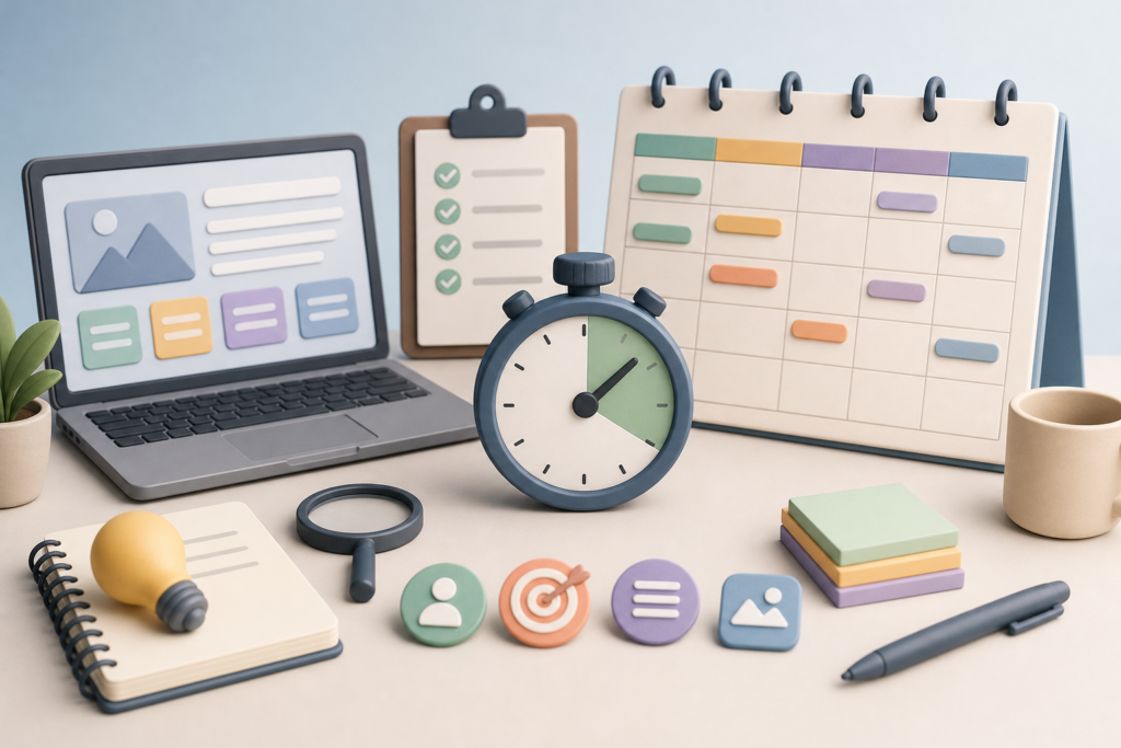 Blog content calendar template in a spreadsheet next to a 30-minute timer