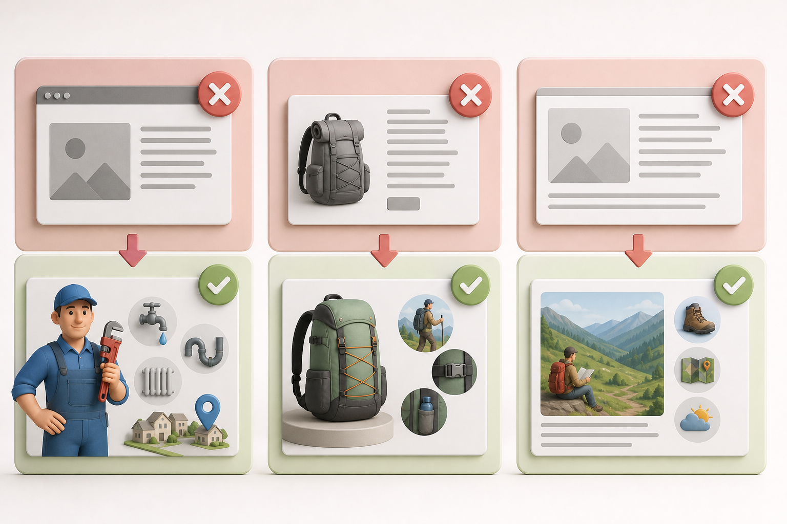 Before and after meta description examples for a local service, a product page and a blog post