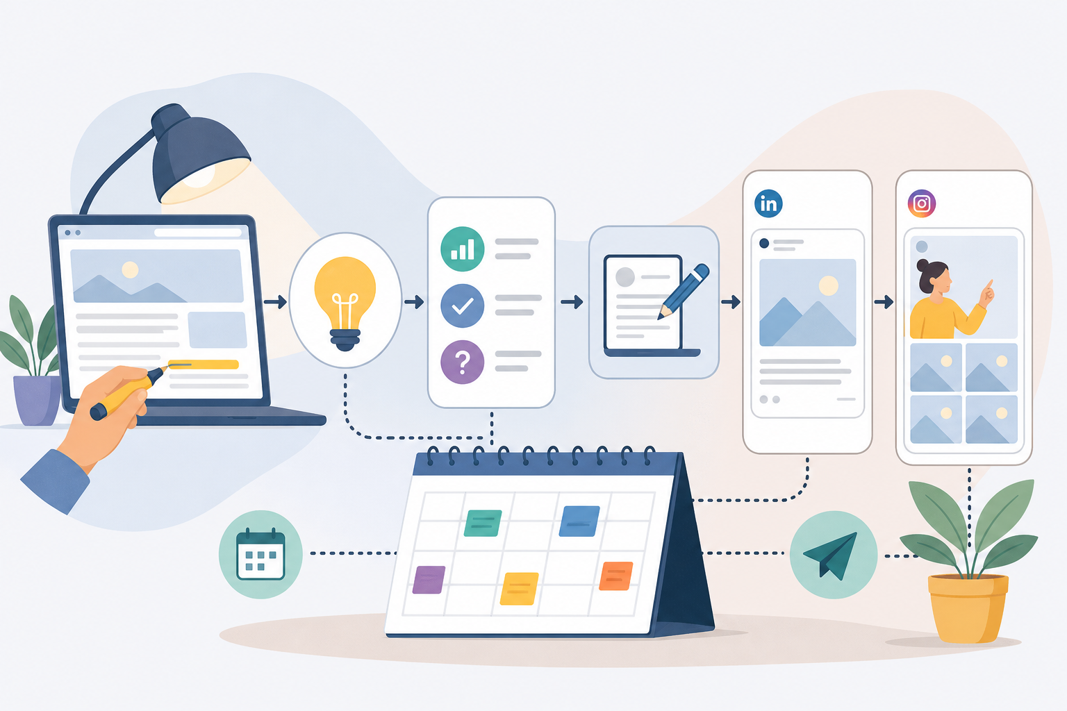 Calendario social con post LinkedIn e caroselli Instagram ricavati da un articolo del blog