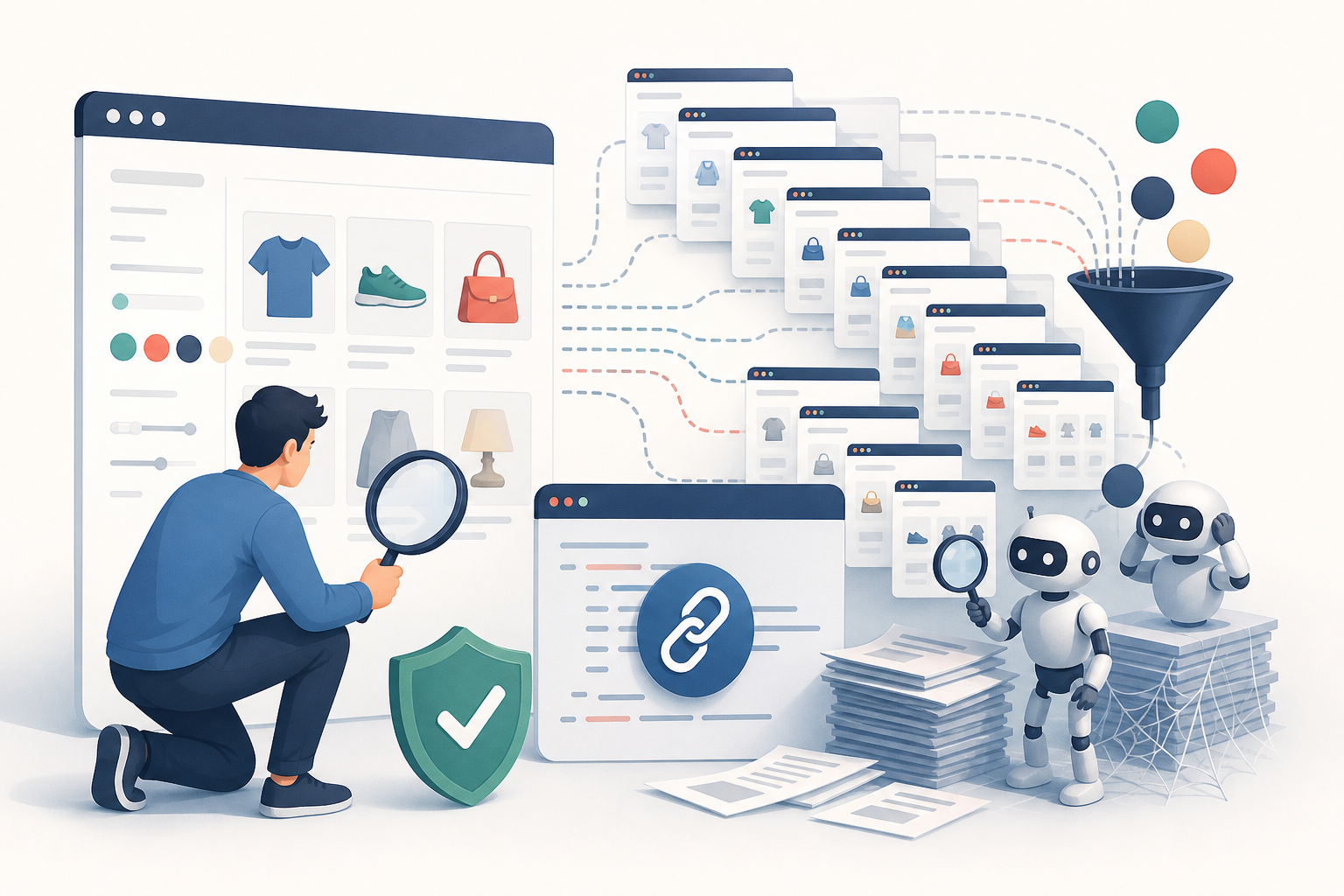 Schema di URL duplicati generati dai filtri di una categoria WooCommerce con canonical verso la pagina pulita