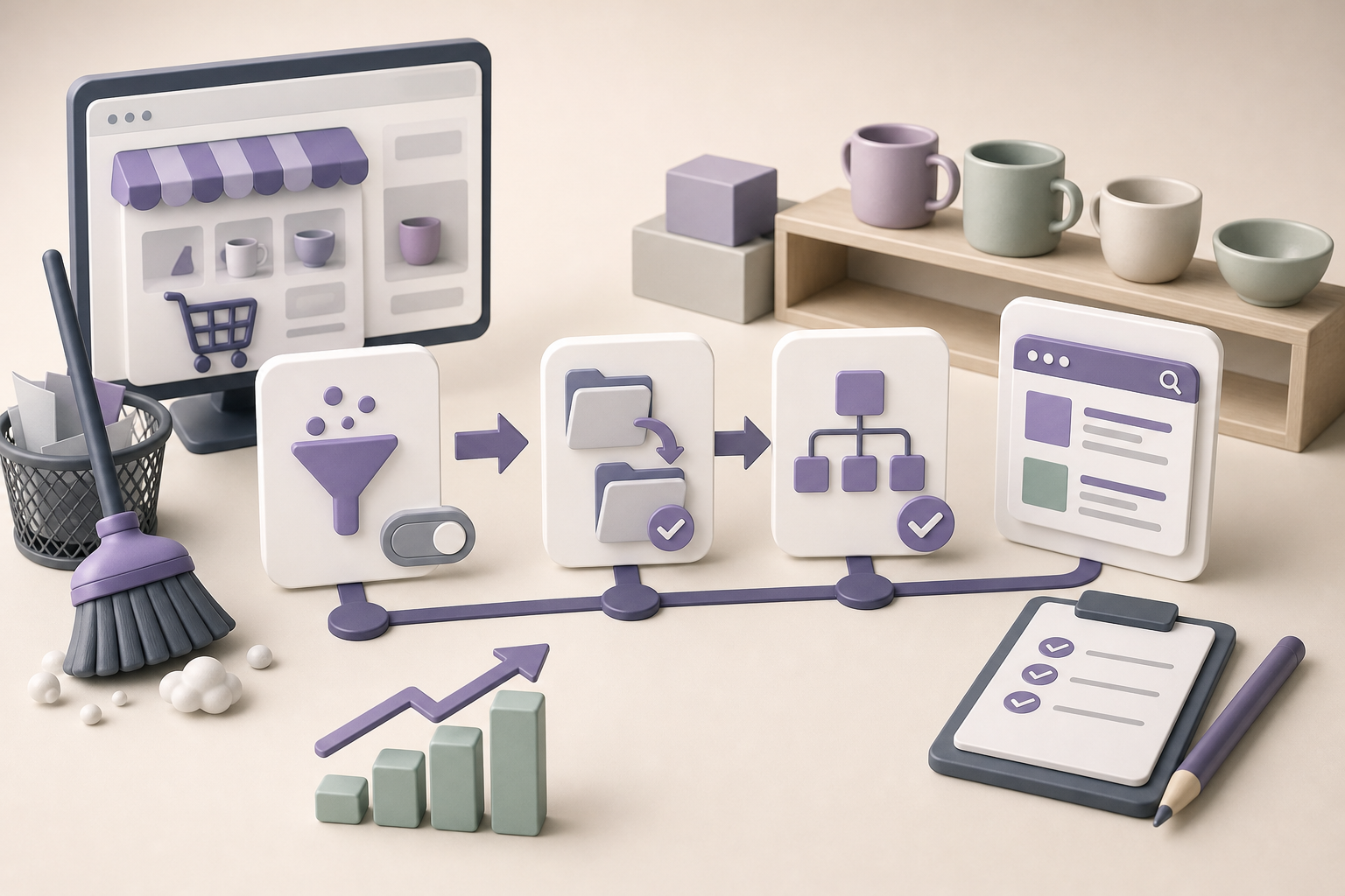 Timeline of SEO changes on a WooCommerce store, from index clean-up to buying guides